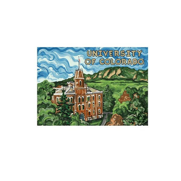 University of Colorado postcard with colorful illustration of Old Main building surrounded by trees, Flatirons in the background, and swirling blue sky with “University of Colorado” text at the t